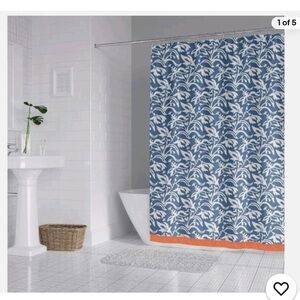 Mainstays Blue White Floral with Orange Trim Shower Curtain 72”x72” NWT